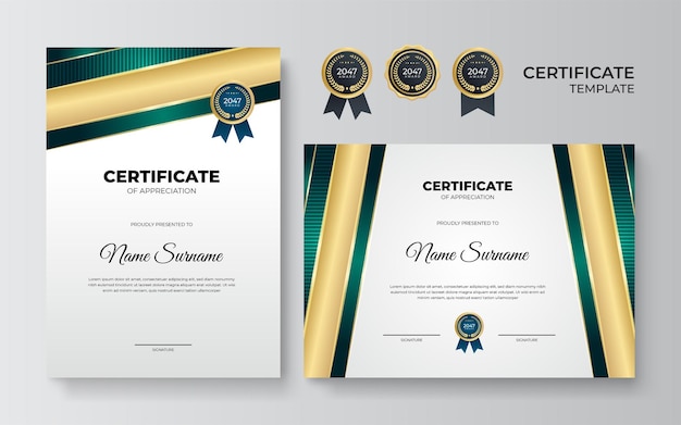 Plantilla de certificado de premio verde y dorado elegante y profesional. certificado simple moderno con insignia de oro y plantilla de vector de borde