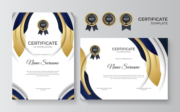 Plantilla de certificado profesional de oro negro en estilo premium. certificado de plantilla de reconocimiento con elemento decorativo dorado. diseño de diploma de graduación, premio. ilustración vectorial