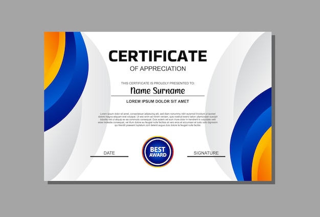 Una plantilla de certificado profesional con un vibrante diseño azul y naranja. Perfecta para reconocer logros, premios y reconocimientos de una manera moderna y llamativa.