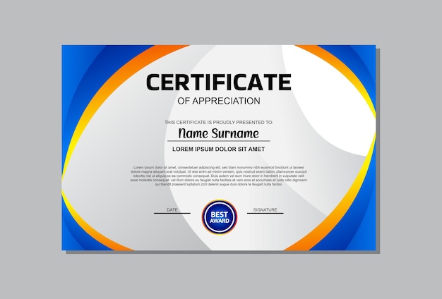 Una plantilla de certificado profesional con un vibrante diseño azul y naranja. Perfecta para reconocer logros, premios y reconocimientos de una manera moderna y llamativa.