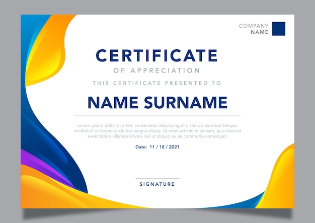 Plantilla de certificado de reconocimiento azul y amarillo
