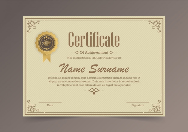 Plantilla de certificado de reconocimiento con borde dorado vintage
