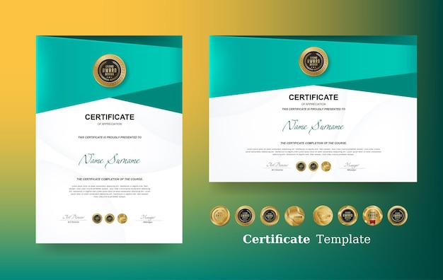 Plantilla de certificado de reconocimiento y diseño de insignias premium de lujo dorado vectorial