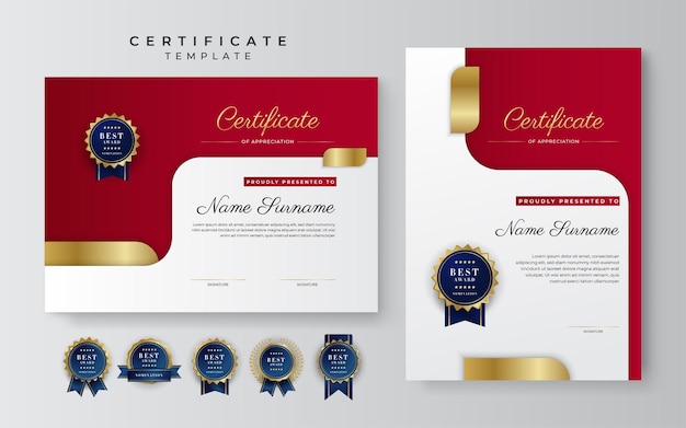 Plantilla de certificado de reconocimiento de lujo con borde de certificado multipropósito de color rojo y dorado con diseño de insignia plantilla de certificado de diploma rojo y dorado elegante