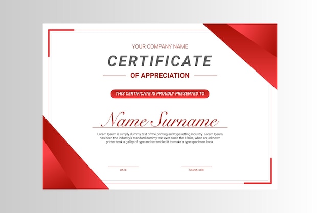 plantilla de certificado de reconocimiento moderno con ilustración de fondo de cinta roja