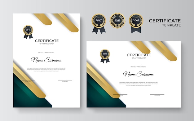 Plantilla de certificado de reconocimiento multipropósito con color verde y dorado, diseño de certificado de borde de lujo moderno con insignia dorada