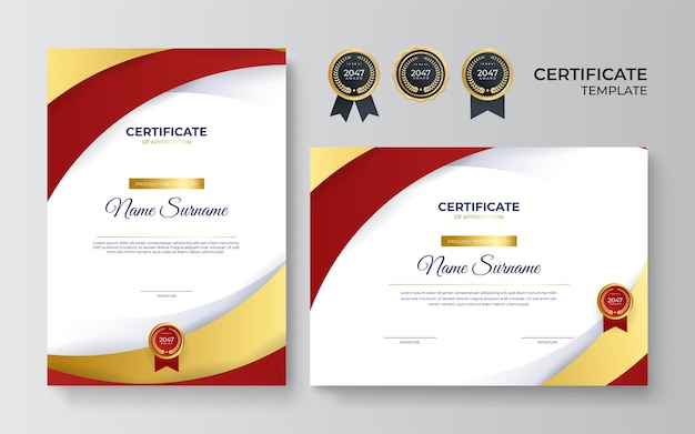 Plantilla de certificado rojo moderno y borde para diploma de premio e impresión Plantilla de certificado de logro elegante rojo y dorado con insignia dorada y borde