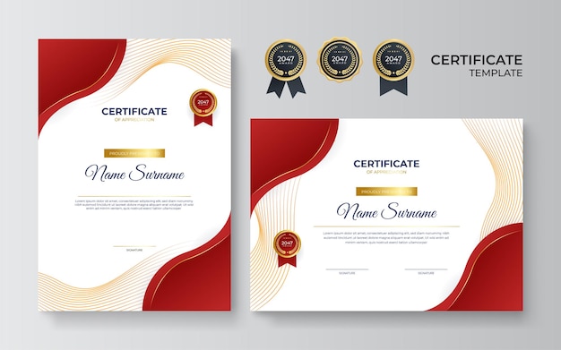 Plantilla de certificado rojo moderno y borde para diploma de premio e impresión plantilla de certificado de logro elegante rojo y dorado con insignia dorada y borde