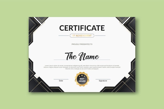 plantilla de certificado sobre un fondo blanco con una esquina geométrica negra y dorada