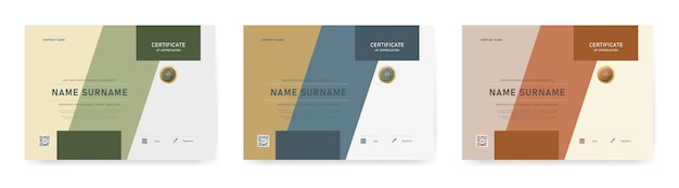 plantilla de certificado con tres variaciones de color verde azul marino y marrón cálido Cada diseño