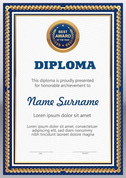 Plantilla de certificado vector azul y oro