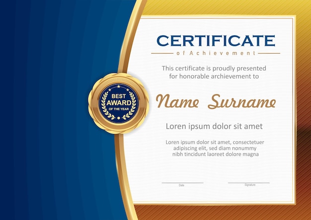 Plantilla de certificado vector azul y oro