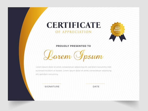 Plantilla de certificado en vector para finalización de graduación de logro con insignia de oro