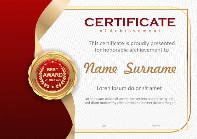Plantilla de certificado vectorial rojo y dorado