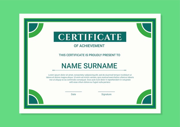 Plantilla de certificado verde moderno con diseño plano