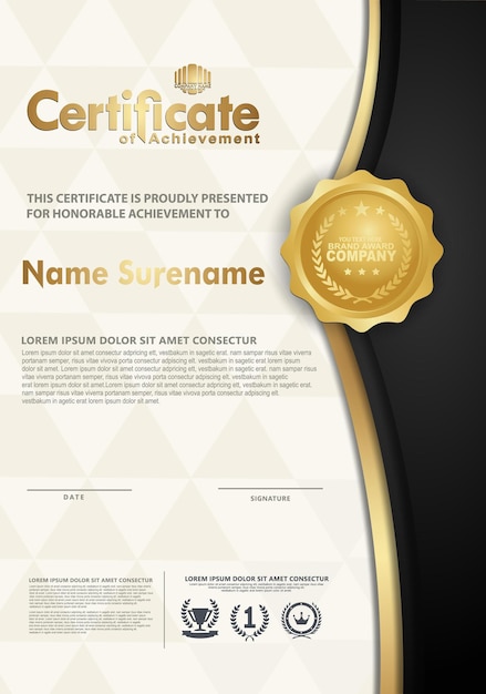 Plantilla de certificado vertical de lujo con forma de línea de flujo de color negro dinámico y textura diploma de fondo de patrón moderno ilustración vectorial