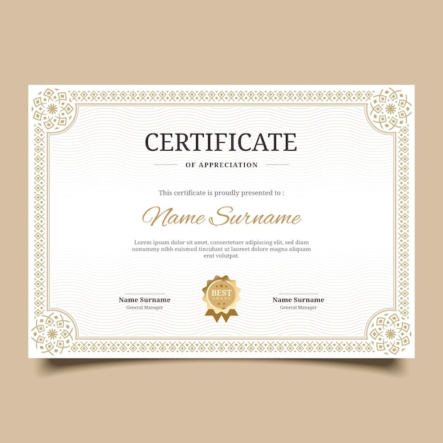 Plantilla de certificado vintage con borde geométrico dorado