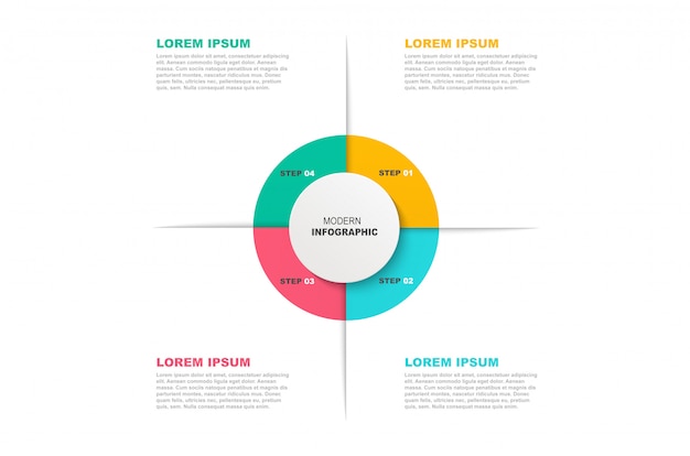 Plantilla de círculo infográfico con iconos y 4 pasos u opciones.