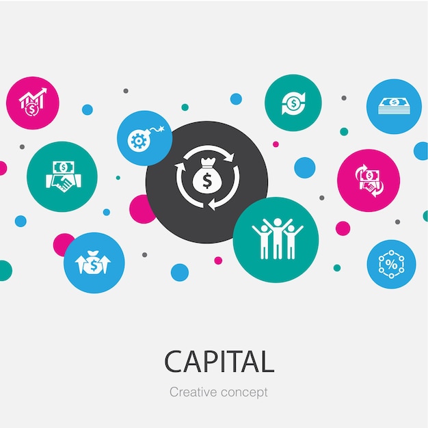 Plantilla de círculo de moda capital con iconos simples. Contiene elementos tales como dividendos, dinero, inversión, éxito.