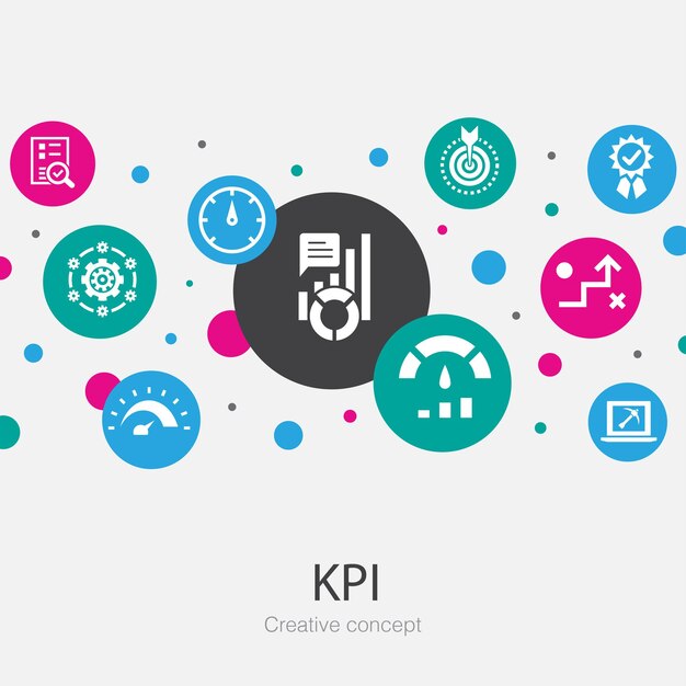 Plantilla de círculo de moda de KPI con iconos simples. Contiene elementos tales como optimización, objetivo, medición, indicador