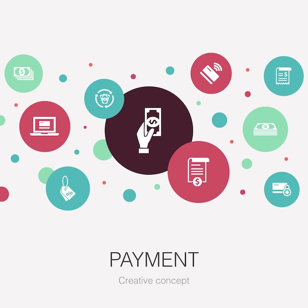 Plantilla de círculo de moda de pago con iconos simples que contiene elementos tales como factura de dinero