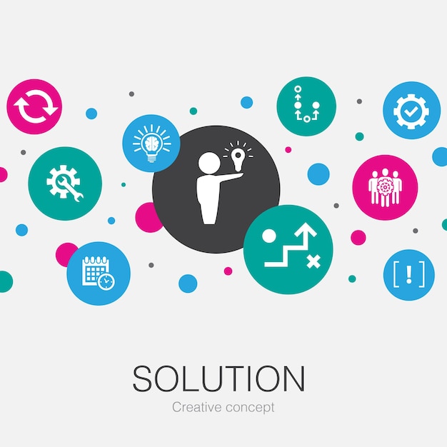 Plantilla de círculo de moda de solución con iconos simples. Contiene elementos tales como estrategia, plan, ejecución, cronograma.