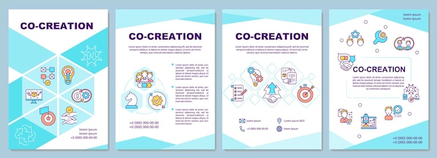Plantilla de co creación. Nuevas ideas de productos de la empresa. Folleto, folleto, impresión de folletos, diseño de portada con iconos lineales. maquetación para revistas, informes anuales, carteles publicitarios