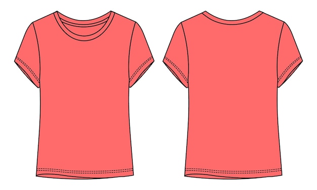 Plantilla de color rojo vectorial de dibujo plano de moda técnica de camiseta de manga corta para damas