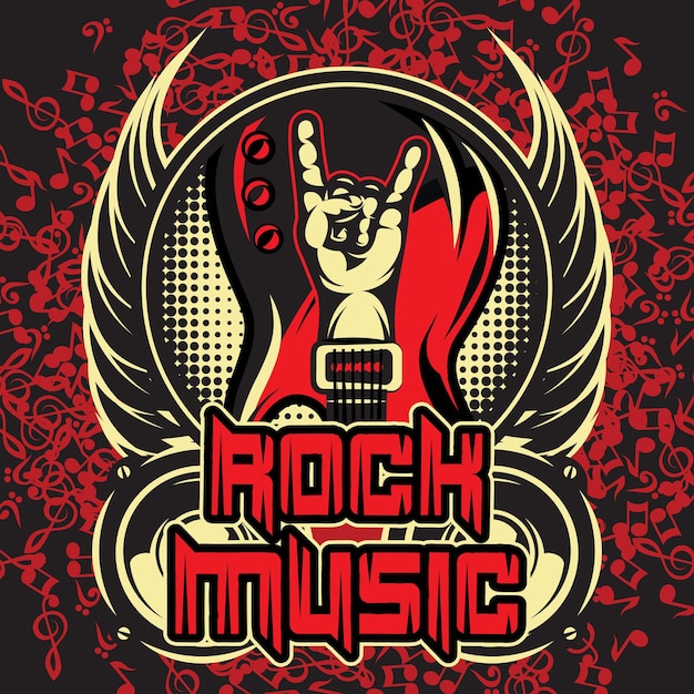 Plantilla de color vectorial de cartel de invitación sobre el tema de la música rock con guitarra de mano y alas