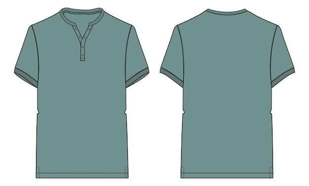 Plantilla de color verde de ilustración de vector de dibujo plano de moda técnica de camiseta de manga corta
