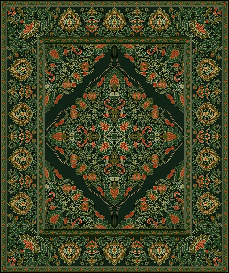 Vector plantilla colorida para alfombra textil patrón oriental con granada fondo de vector verde