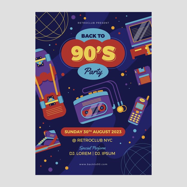 Plantilla colorida de fiesta de los 90 de diseño plano