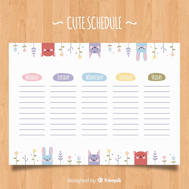 Plantilla colorida de horario semanal con animales adorables