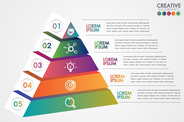 Plantilla colorida infografía pirámide con 5 pasos o concepto de opciones