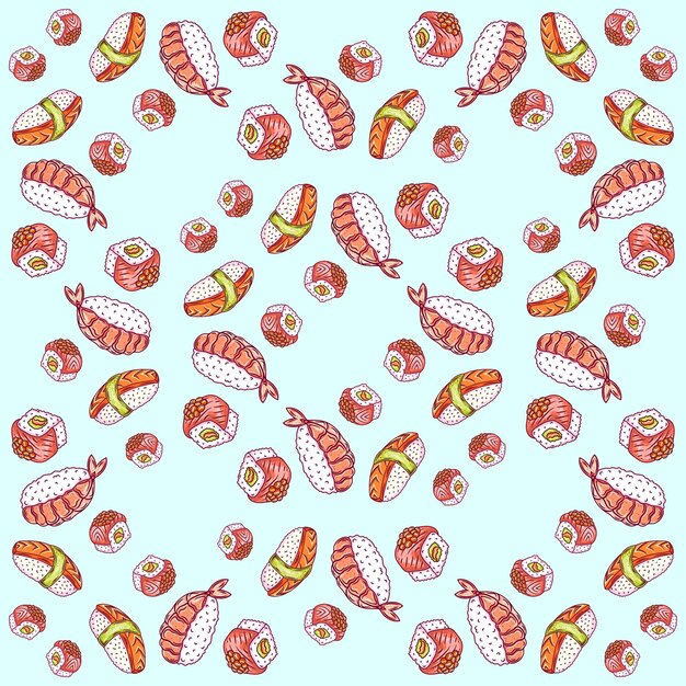 Plantilla de comida asiática de menú de sushi Banner de restaurante de bar de cocina asiática con platos de mariscos japoneses tradicionales ilustración de vector plano de patrones sin fisuras