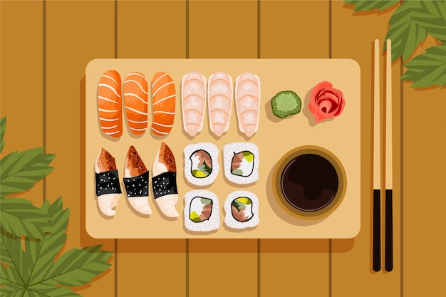 Plantilla de comida japonesa de diseño plano dibujado a mano