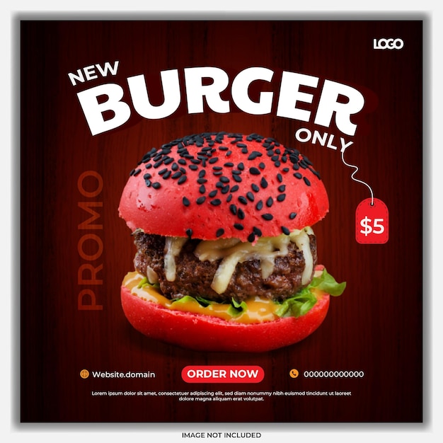 Vector plantilla de comida de publicación de redes sociales hamburguesa deliciosa diseño editable pancarta con fondo de madera