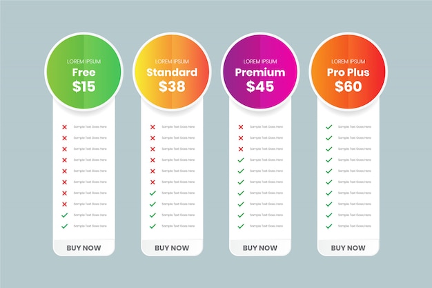 Vector plantilla de comparación de tabla de precios con 4 columnas, diseño de tabla de precios para empresas, plantilla de color de plan de gráfico