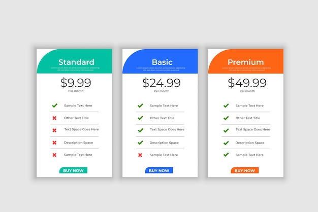 Plantilla de comparación de tabla de precios con opción básica a premium