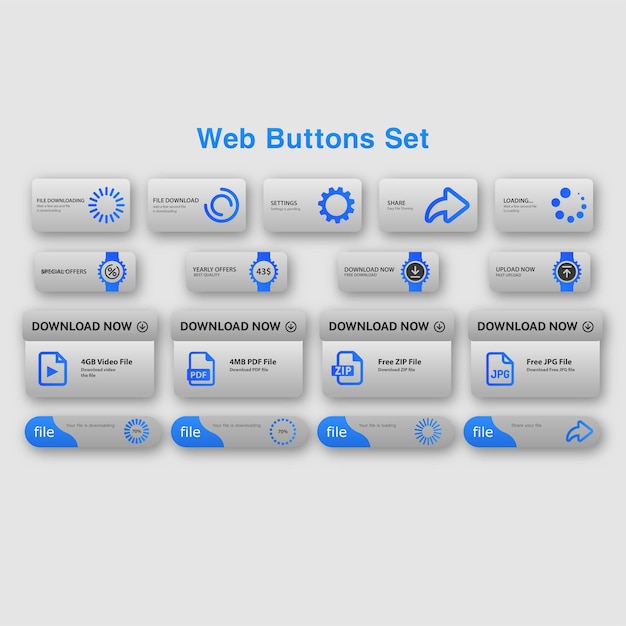 Plantilla completa de conjunto de botones de aplicaciones web y móviles