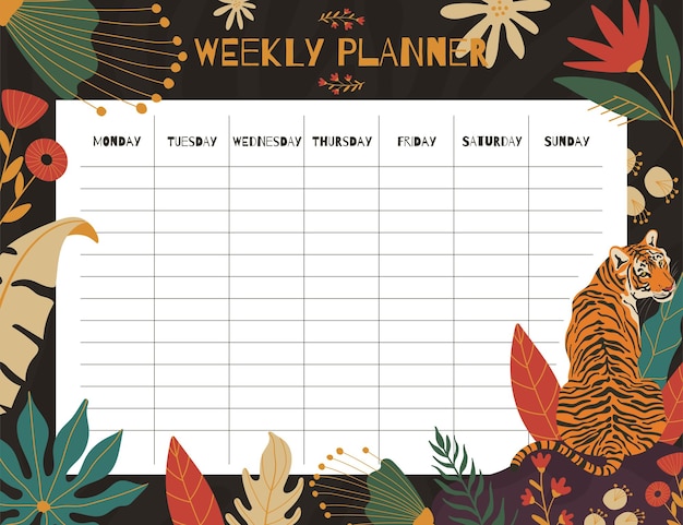 Plantilla de concepto de impresión de planificador semanal con patrón de hojas florales exóticos dibujados a mano Vector