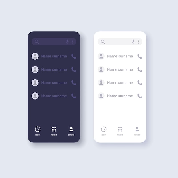 Plantilla de concepto de interfaz de usuario de teléfono inteligente Diseño de contactos en la pantalla del teléfono