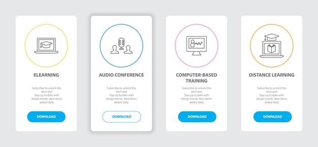 Plantilla de concepto de línea de banners de página web de ELearning 4 con conferencias de audio eLearning Capacitación basada en computadora Iconos de aprendizaje a distancia Concepto de diseño de interfaz de usuario web moderno