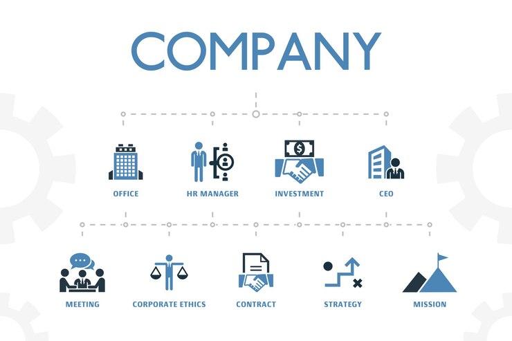 Plantilla de concepto moderno de empresa con iconos simples de 2 colores. Contiene iconos como oficina, inversión, reunión, contrato y más