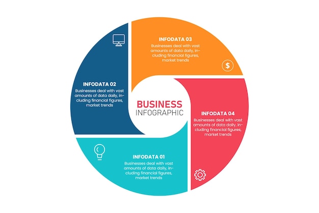 Plantilla de concepto de negocio infográfico con 4 opciones para presentaciones, diseños publicitarios