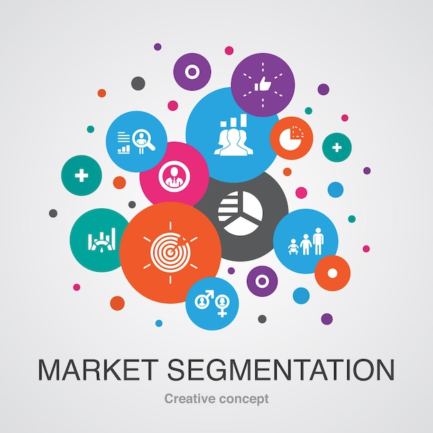 Plantilla de concepto de segmentación de mercado. estilo de diseño moderno. contiene iconos como demografía, segmento, evaluación comparativa, grupo de edad