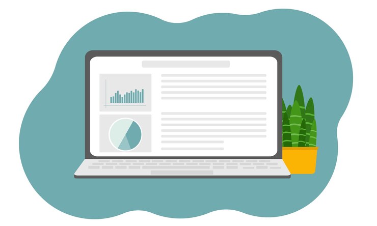 Vector plantilla conceptual con computadora portátil, gráficos, indicadores de internet. herramienta o servicio en línea para análisis de redes sociales y smm. ilustración plana vectorial