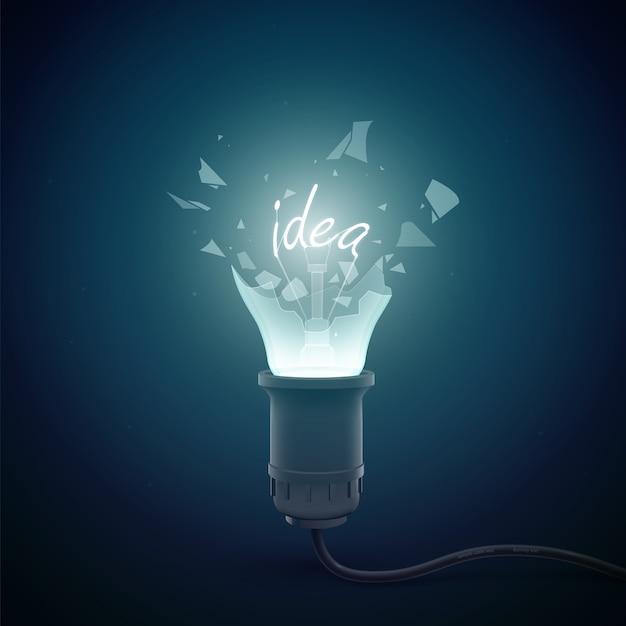 Plantilla conceptual creativa con lámpara eléctrica explosiva con idea de palabra de filamento en la ilustración oscura