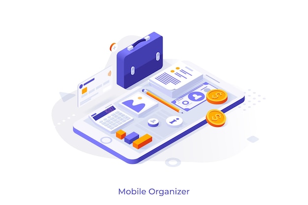 Plantilla conceptual con documentos de teléfonos inteligentes maletín de calculadora de dinero Escena para aplicación de aplicación de organizador móvil para gestión de tareas de organización de archivos Ilustración vectorial isométrica