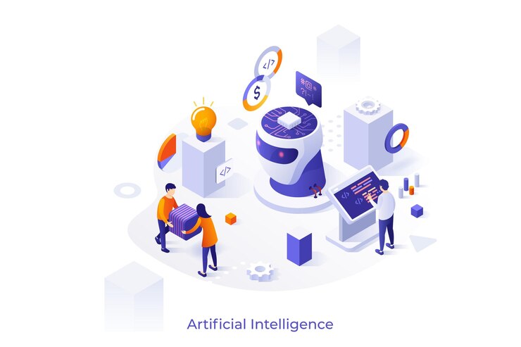 Vector plantilla conceptual con personas que trabajan en laboratorio y microchip de programación colocado dentro de la cabeza del robot concepto de investigación científica en tecnología de ia aprendizaje automático ilustración vectorial isométrica